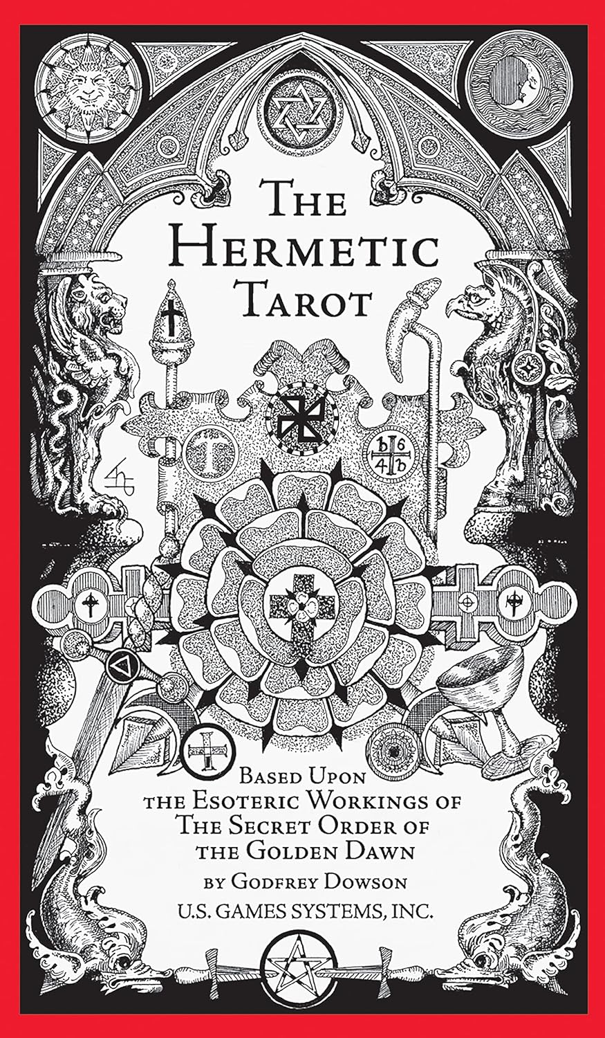 Hermetic Tarot Deck by Godfrey Dowson — black-and-white illustrated deck box with Golden Dawn esoteric symbolism on the cover.