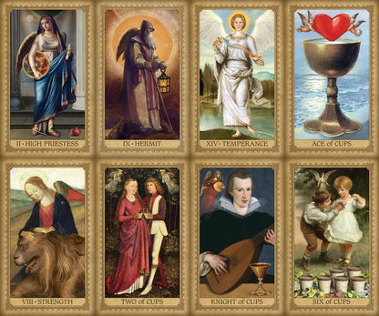 Collection of Influence of the Angels Tarot cards spread showing various angel figures and symbolic imagery from the Barbessi deck.