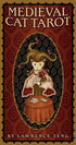 Medieval Cat Tarot card featuring a cat dressed in medieval attire seated at a table with tarot cards — whimsical richly ornamented illustration by Pace & Teng.