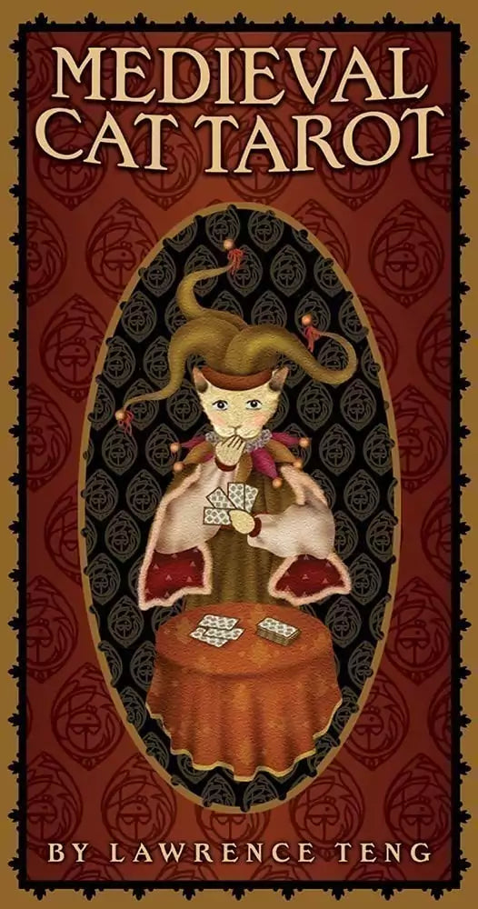 Medieval Cat Tarot card featuring a cat dressed in medieval attire seated at a table with tarot cards — whimsical richly ornamented illustration by Pace &amp; Teng.