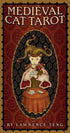 Medieval Cat Tarot card featuring a cat dressed in medieval attire seated at a table with tarot cards — whimsical richly ornamented illustration by Pace & Teng.