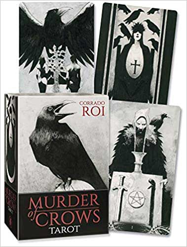Murder of Crows Tarot box and cards by Corrado Roi featuring dark gothic artwork with crow and mystical figure imagery in black and white.