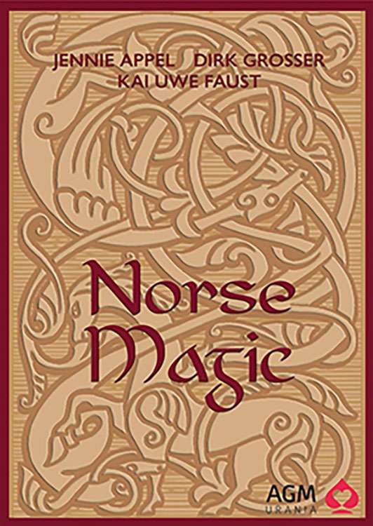 Norse Magic oracle deck box with intricate Norse-inspired ornamental designs, title in bold letters on a warm beige background with geometric knotwork motifs.