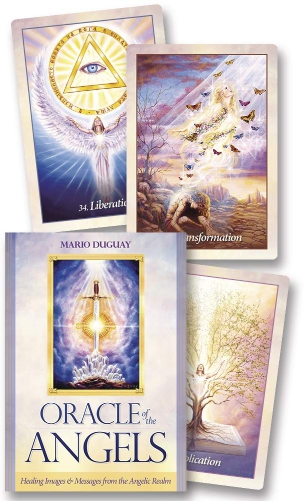 Oracle of the Angels deck cards alongside the guidebook showing spiritual themes including an eye symbol and transformation imagery from Mario Duguay.