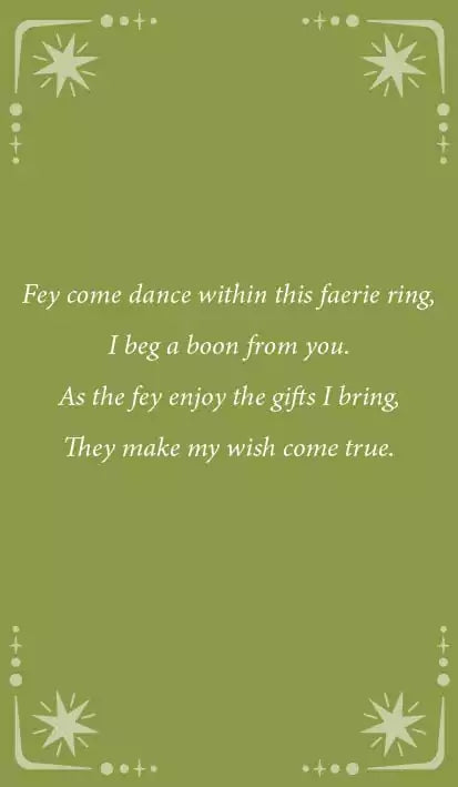 Whimsical illustrated poem page inviting fey creatures to grant a wish surrounded by forest and floral art