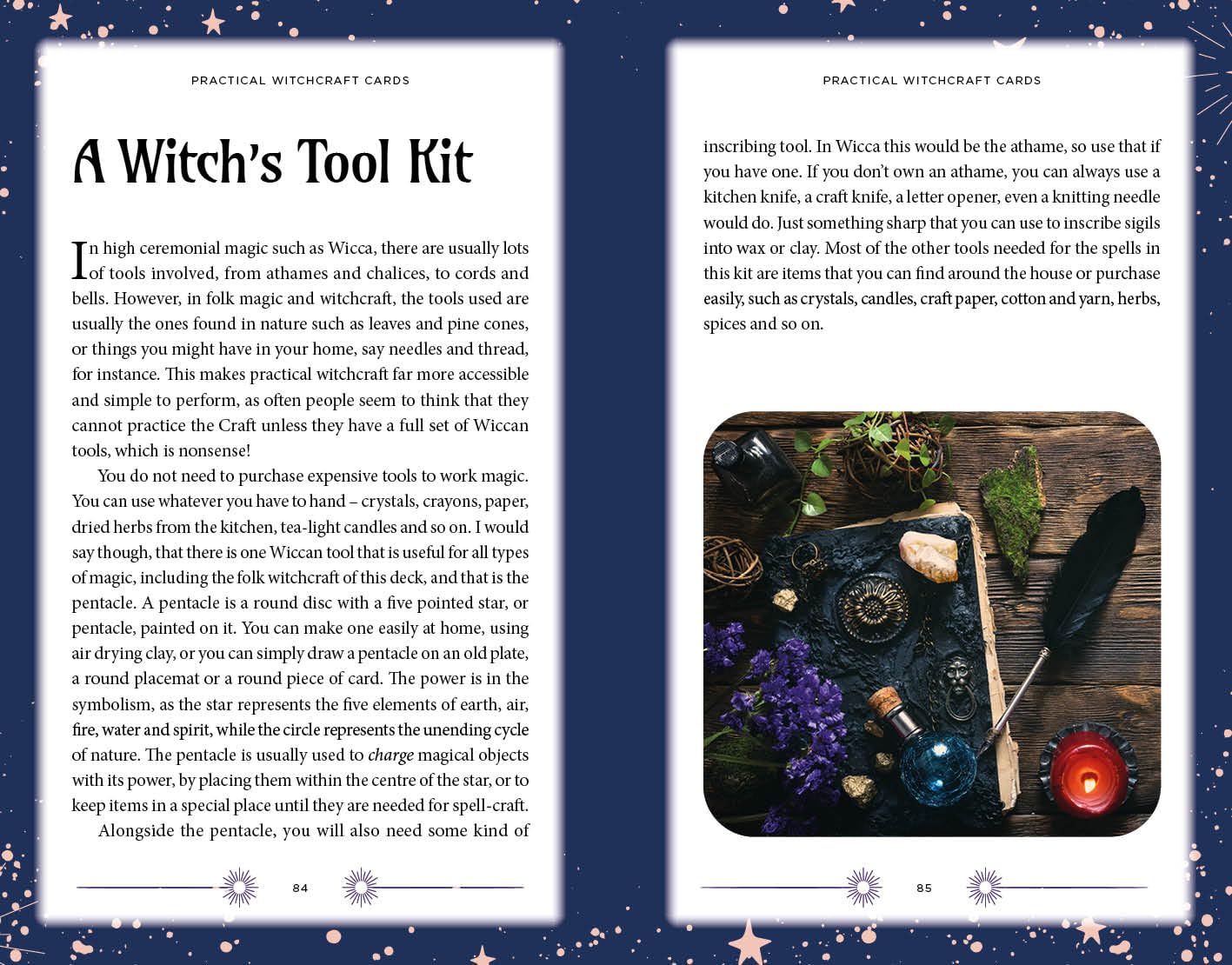 Flat lay of witchcraft tools spread open alongside the Practical Witchcraft book and card set components