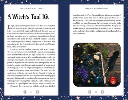 Flat lay of witchcraft tools spread open alongside the Practical Witchcraft book and card set components