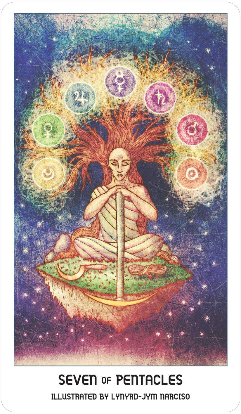 Seven of Pentacles Pride Tarot card — a figure in meditative pose surrounded by symbols of growth and abundance against a vibrant illustrated background.