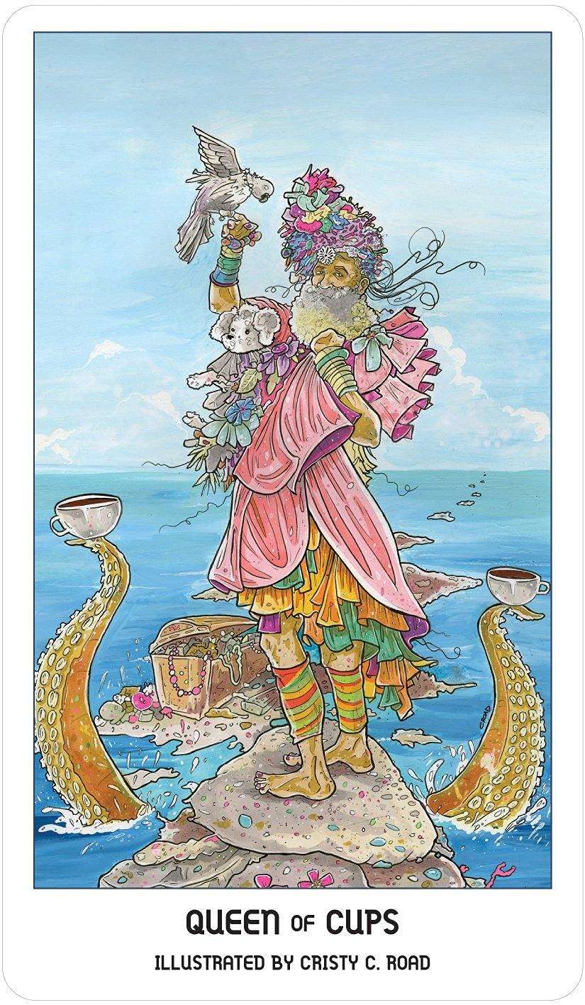 Queen of Cups Pride Tarot card — a regal figure in vibrant colors stands on a rock surrounded by water holding a cup, evoking intuition and emotional depth.