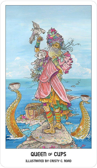 Queen of Cups Pride Tarot card — a regal figure in vibrant colors stands on a rock surrounded by water holding a cup, evoking intuition and emotional depth.