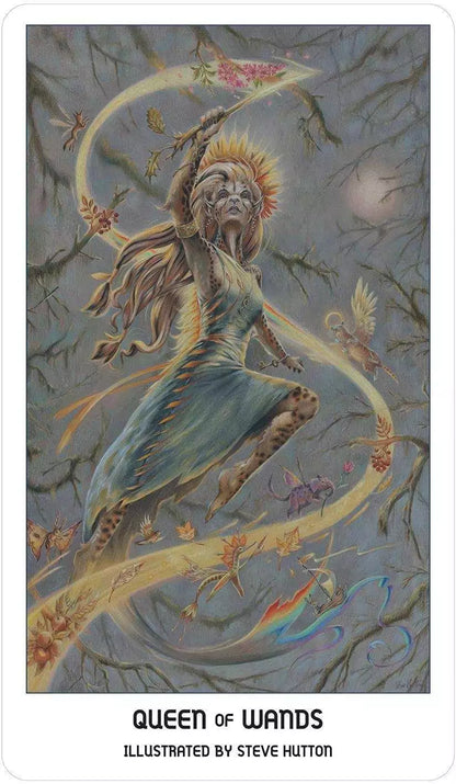 Queen of Wands Pride Tarot card — a powerful figure with flowing hair surrounded by nature and wildlife energies, capturing creative fire.