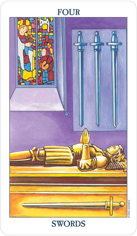 Radiant Rider-Waite Tarot card showing the Four of Swords — knight lying in repose on a stone slab in Poshkus&