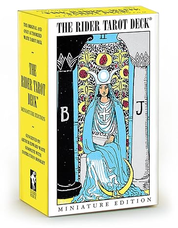 Rider-Waite Mini Tarot Deck box — miniature edition packaging featuring colorful RWS imagery and robed figure design showing the small pocket size of this classic 78-card tarot.