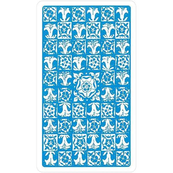 Rider-Waite Tarot card back design — blue patterned card with intricate white Celtic-style grid design, from the Restored Edition deck.