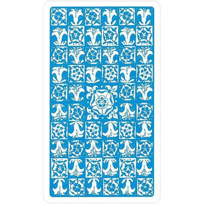 Rider-Waite Tarot card back design — blue patterned card with intricate white Celtic-style grid design, from the Restored Edition deck.