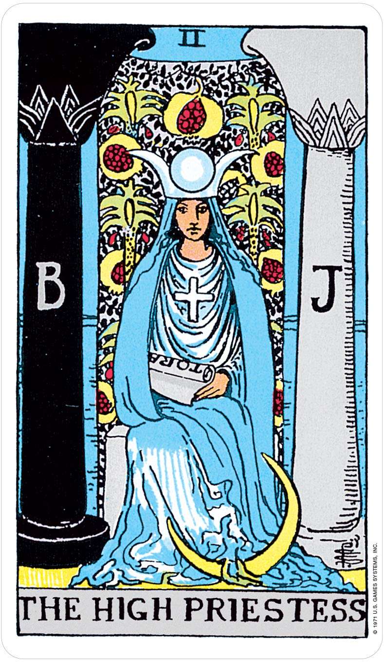 The High Priestess Rider-Waite Tarot card showing a seated woman in blue robes holding a scroll with a crescent moon at her feet.