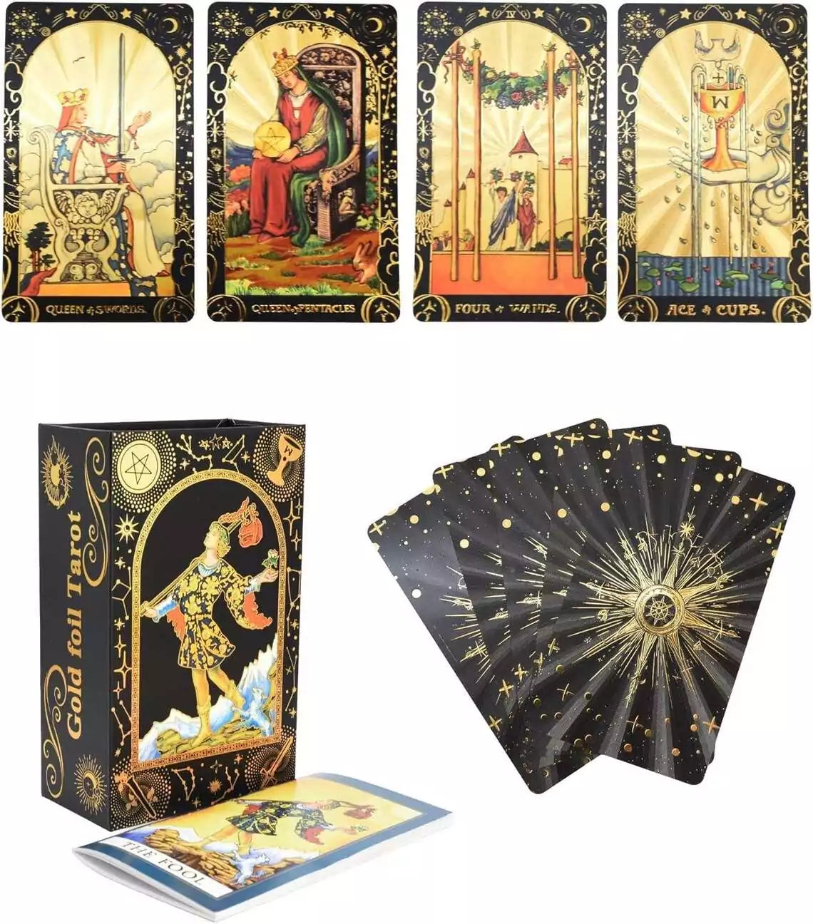 Gold Foil Rider-Waite Tarot cards and box showing the premium collector edition finish on classic RWS card backs.