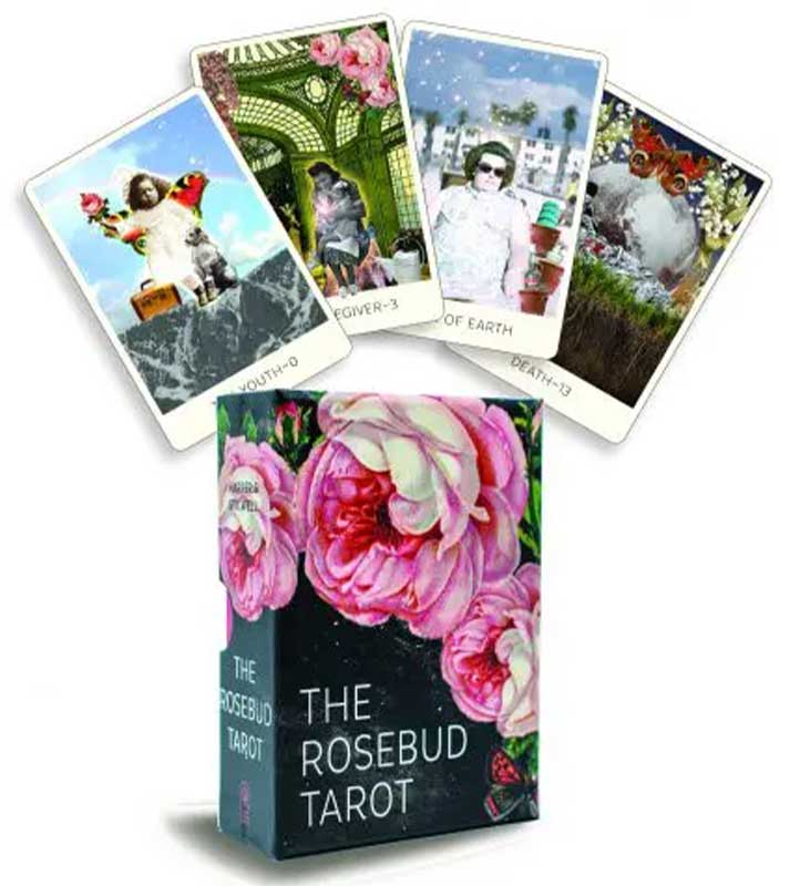 Rosebud Tarot deck by Harper and Stilwell showing floral rose-forward card designs and the box with botanical illustration, from Llewellyn Publications.