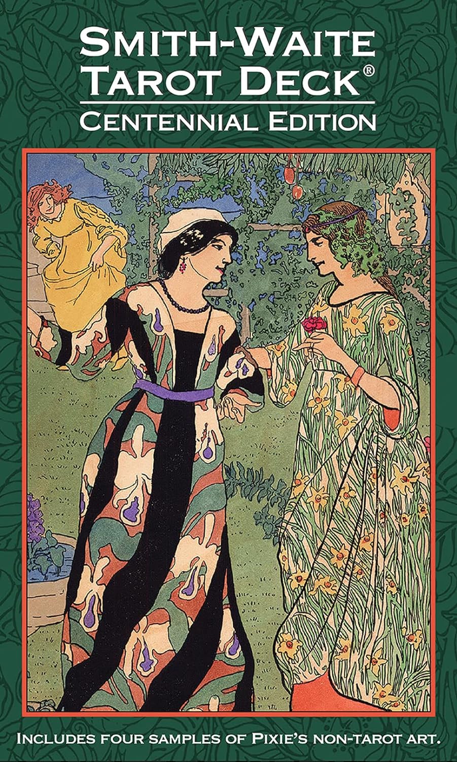 Smith-Waite Tarot Centennial Edition deck cover featuring two women in colorful dresses with decorative background — borderless edition celebrating Pamela Colman Smith&