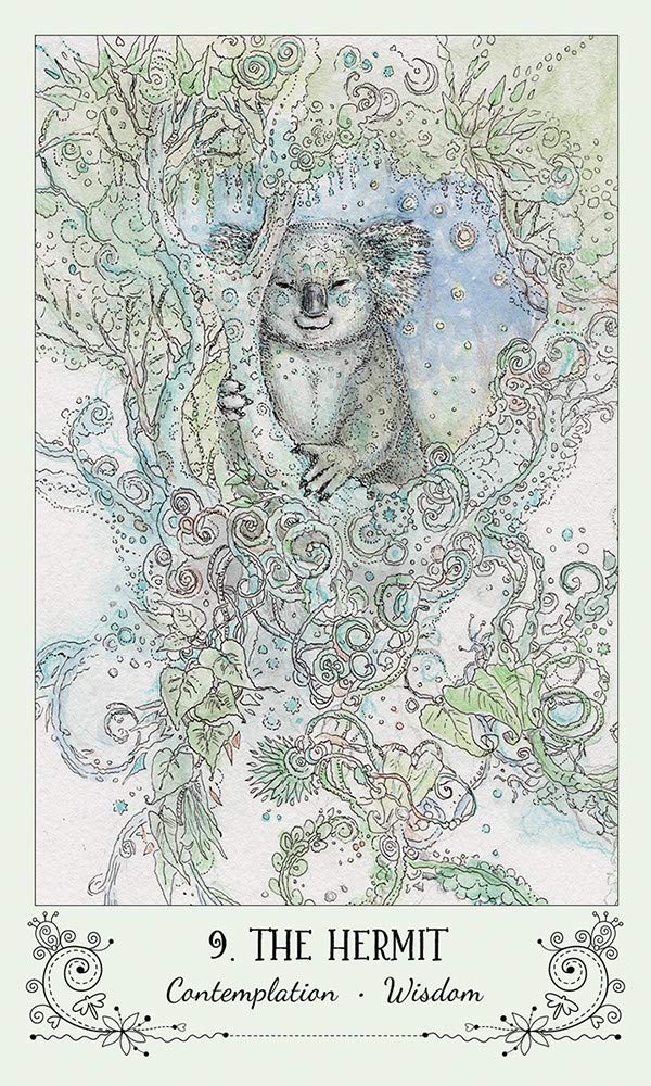 Spiritsong Tarot card depicting a koala in a nature-themed illustration surrounded by detailed foliage and bubbles.