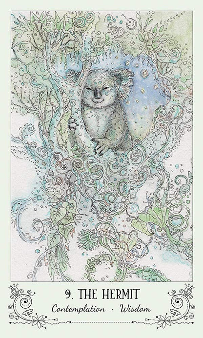 Spiritsong Tarot card depicting a koala in a nature-themed illustration surrounded by detailed foliage and bubbles.