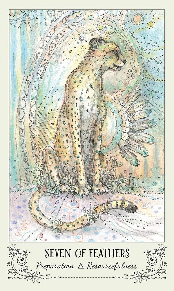 Spiritsong Tarot card showing a stylized leopard sitting gracefully surrounded by abstract patterns and vibrant colors.