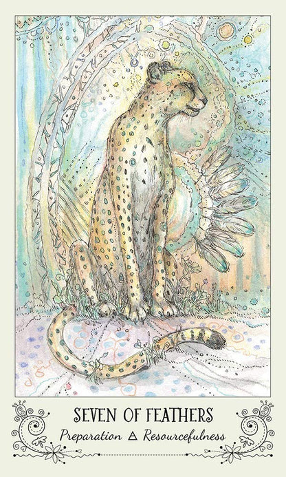 Spiritsong Tarot card showing a stylized leopard sitting gracefully surrounded by abstract patterns and vibrant colors.