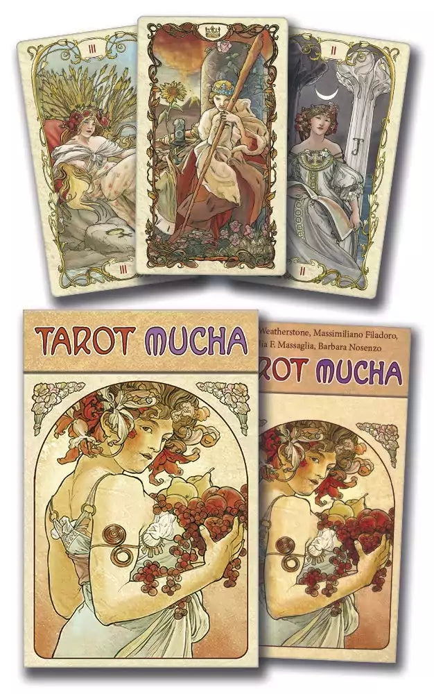 Set of Tarot Mucha cards displayed upright alongside the Lo Scarabeo box — intricate Art Nouveau illustrations in the style of Alphonse Mucha.