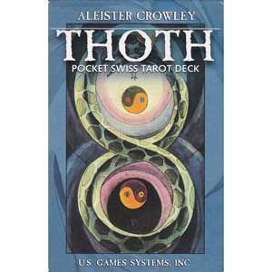 Thoth Pocket Swiss Tarot Deck cover by Crowley and Harris — compact travel-size edition with yin-yang and swirling blue design from the classic Thelemic tarot.