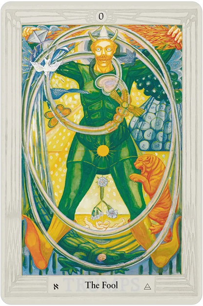 Thoth Tarot card The Fool depicting a figure with a playful expression surrounded by colorful esoteric symbols and vivid background.