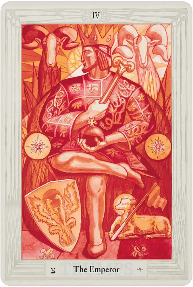 Thoth Tarot card showing a regal figure on a throne in elaborate robes holding a scepter, surrounded by astrological and Kabbalistic symbols.