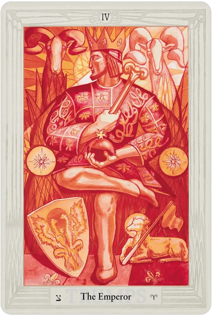 Thoth Tarot card showing a regal figure on a throne in elaborate robes holding a scepter, surrounded by astrological and Kabbalistic symbols.