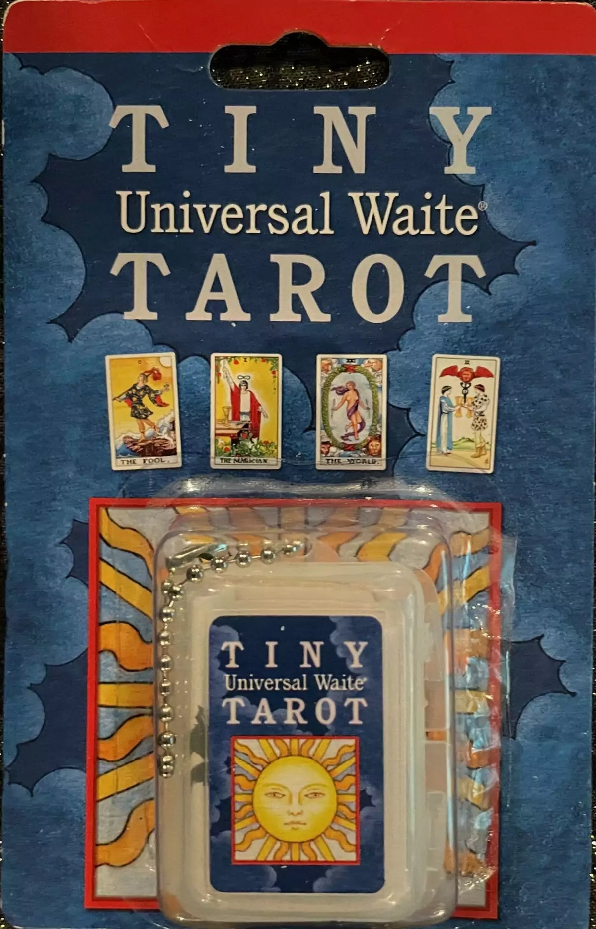Tiny Universal Waite tarot keychain with 78 miniature Rider-Waite-Smith cards in colourful retail packaging.