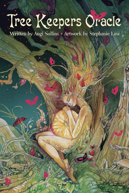 Oracle card with a figure intertwined with a tree surrounded by butterflies and vibrant foliage from the Tree Keepers Oracle deck