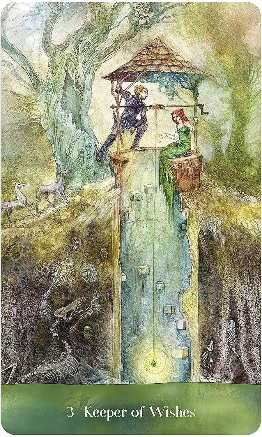 Whimsical oracle card scene with a figure on a bridge interacting with a seated woman surrounded by animals and glowing lanterns