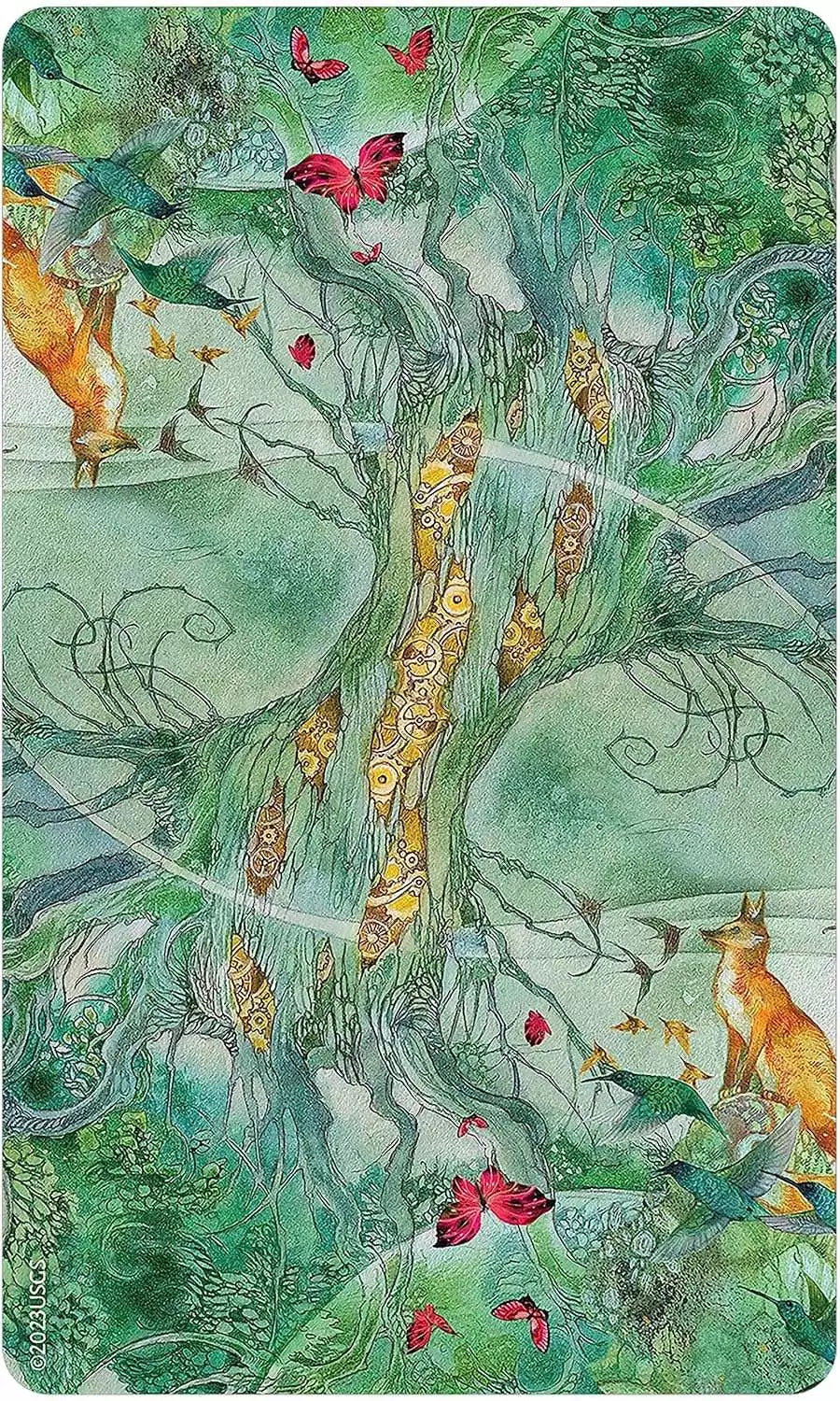 Vibrant illustration of a mystical tree surrounded by animals and butterflies with intricate green patterns showing harmony with nature
