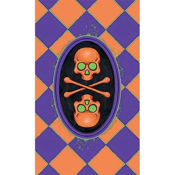Trick or Treat Tarot card featuring two orange skulls with green eyes — vibrant Halloween motif tarot illustration in Jonathan Hunt&