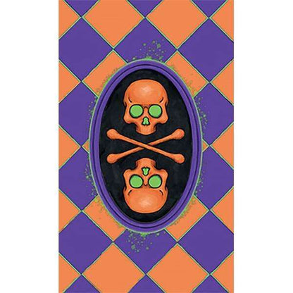 Trick or Treat Tarot card featuring two orange skulls with green eyes — vibrant Halloween motif tarot illustration in Jonathan Hunt&