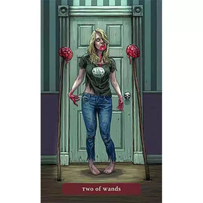 Trick or Treat Tarot card showing a woman in a dimly lit room covered in Halloween makeup — spooky seasonal tarot illustration from the Jonathan Hunt deck.