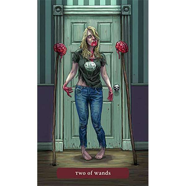 Trick or Treat Tarot card showing a woman in a dimly lit room covered in Halloween makeup — spooky seasonal tarot illustration from the Jonathan Hunt deck.