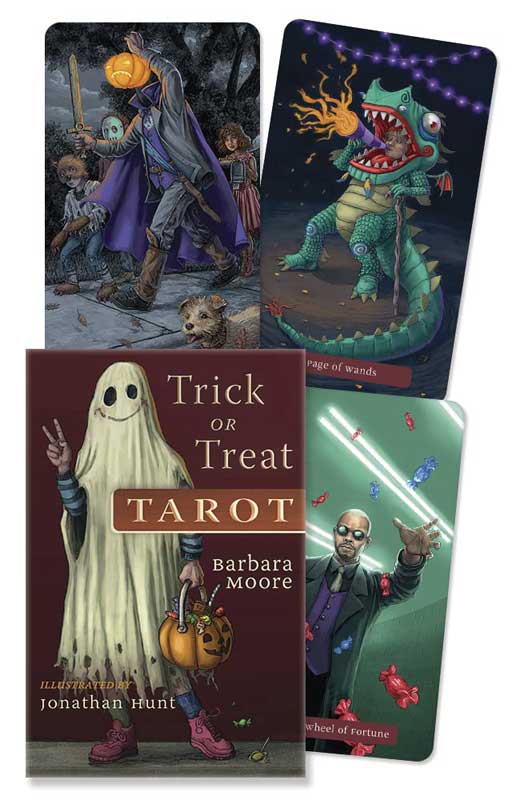 Trick or Treat Tarot deck and book set — collection of Halloween-themed tarot cards with costume imagery alongside Jonathan Hunt&