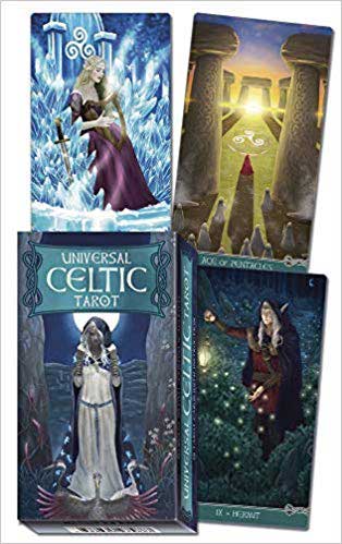 Universal Celtic Tarot deck cards from Lo Scarabeo showing richly illustrated Celtic mythology figures and nature imagery — a 78-card RWS-tradition deck by Nativo and Scagliotti.