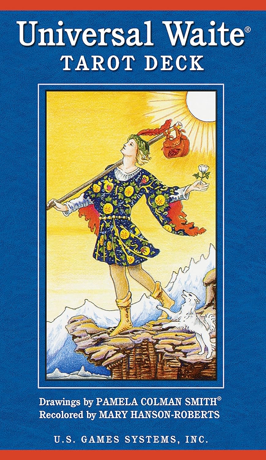 Universal Waite Tarot deck box and spread of cards showing Mary Hanson-Roberts&