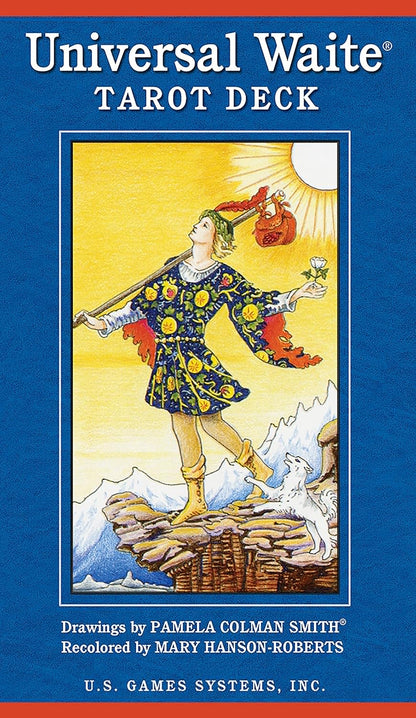 Universal Waite Tarot deck box and spread of cards showing Mary Hanson-Roberts&
