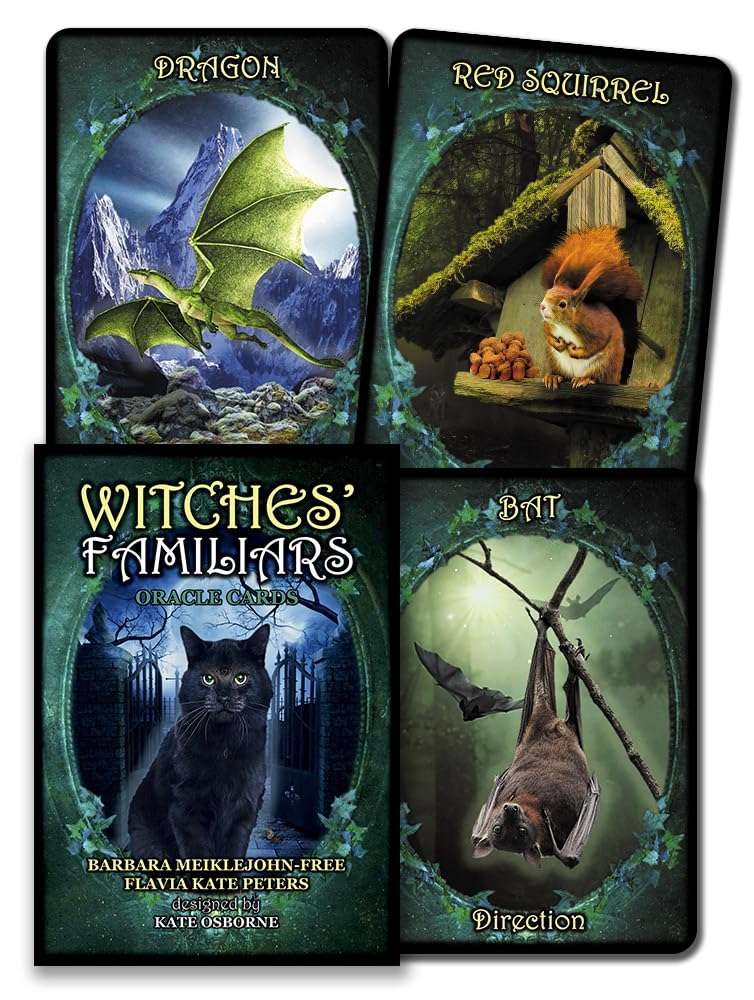 Witches Familiars Oracle deck box by Meiklejohn-Free and Peters showing animal spirit card art