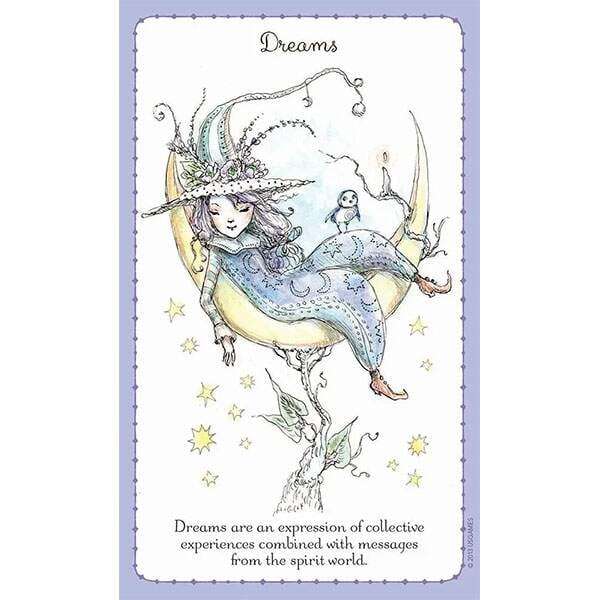 Witchlings card depicting a girl on a crescent moon surrounded by stars with a small bird — text about dreams as spirit world messages.