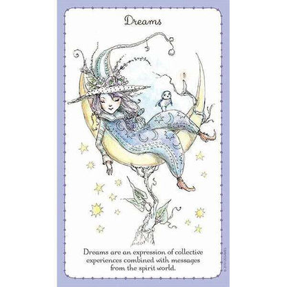 Witchlings card depicting a girl on a crescent moon surrounded by stars with a small bird — text about dreams as spirit world messages.