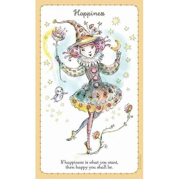 Witchlings Happiness card showing a cheerful witch with wand, surrounded by stars and flowers — inspirational quote at top.