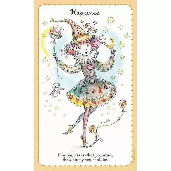 Witchlings Happiness card showing a cheerful witch with wand, surrounded by stars and flowers — inspirational quote at top.