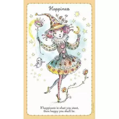 Witchlings Happiness card showing a cheerful witch with wand, surrounded by stars and flowers — inspirational quote at top.